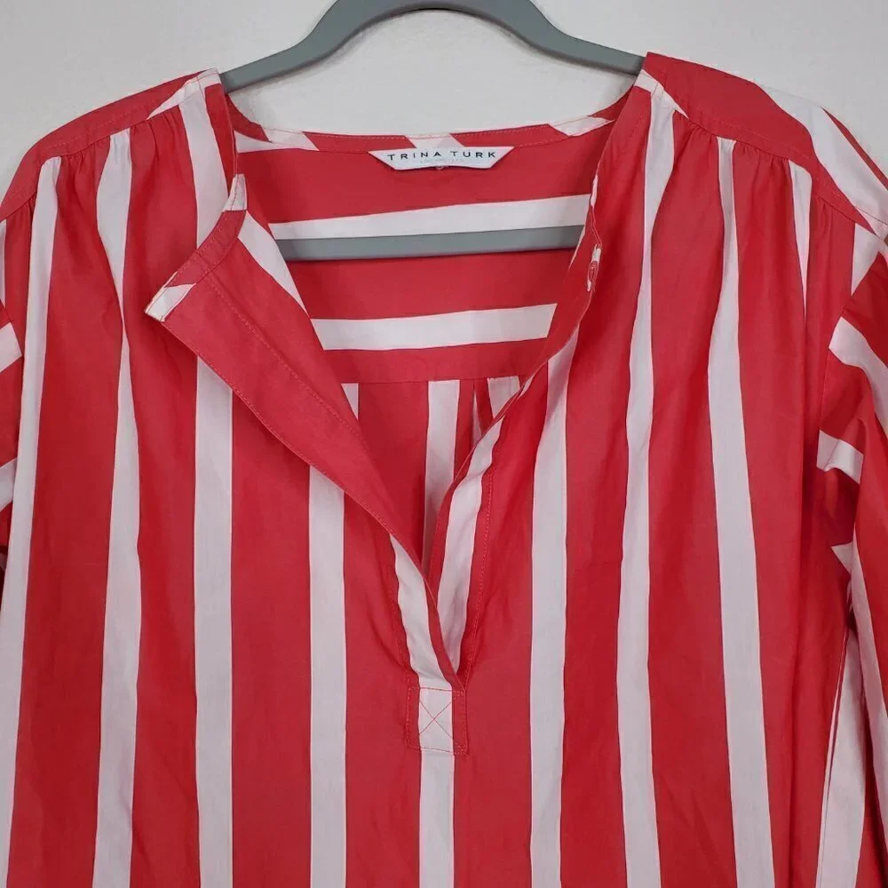 Trina Turk bees knees blouse tie sleeve boxy striped split neck pullover women M